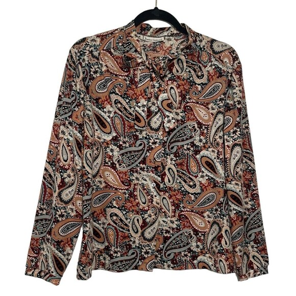 Vintage 70s Queens Casuals Earthtone Paisley Abstract Secretary Disco Pussybow - Picture 2 of 6